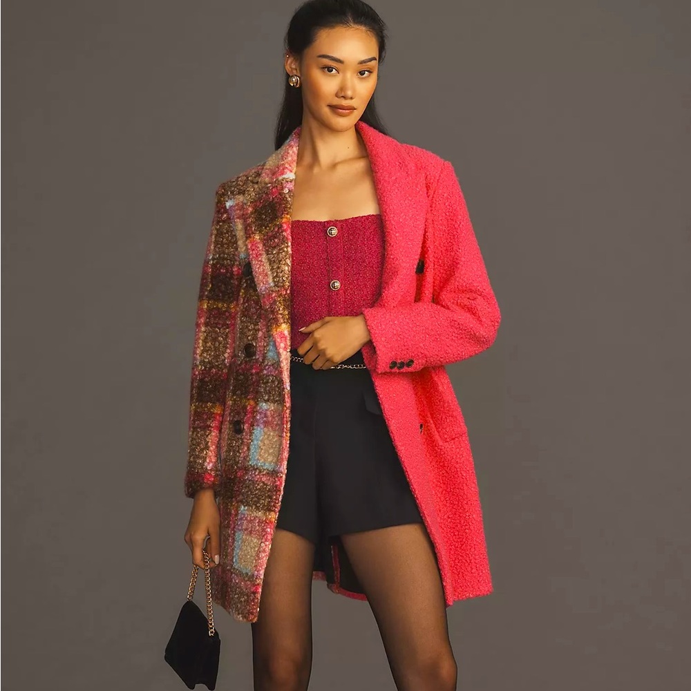 Anthropologie NVLT Plaid Houndstooth Fuchsia Pink Pea Coat Jacket XS 0 2 NWT 💖 - Picture 10 of 13
